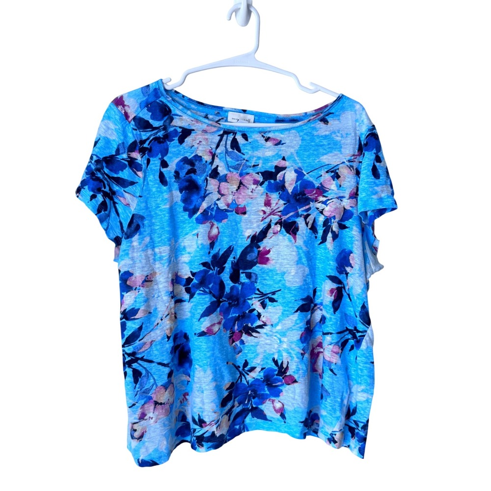 J. Jill Love Linen Blue Floral Short Sleeve Slub Knit Scoop Neck Top Large